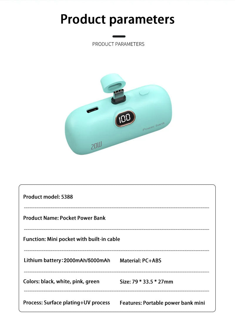 Mini Power Bank with Built-in Cable — 5000mAh, PD 20W Fast Charge