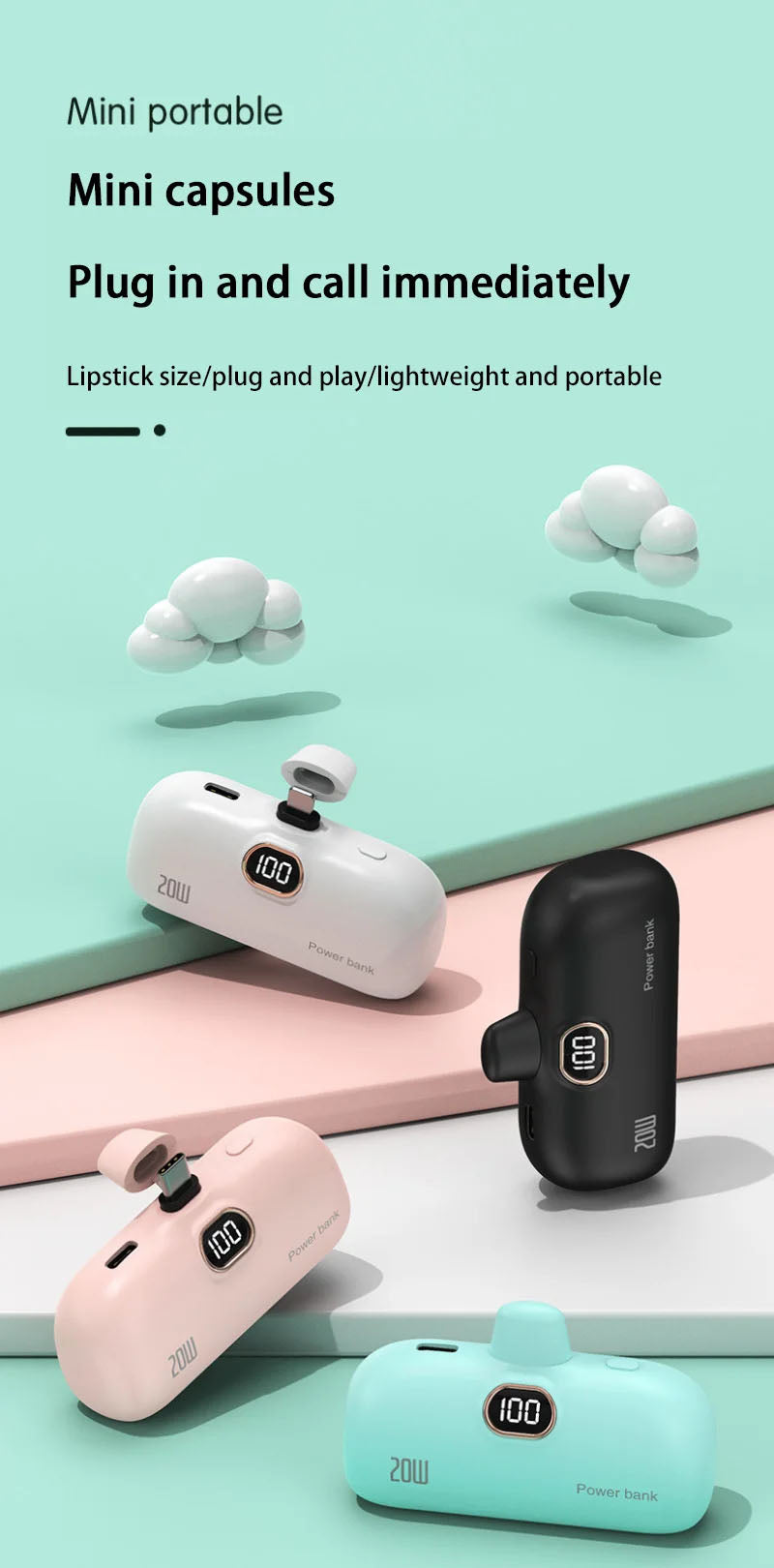 Mini Power Bank with Built-in Cable — 5000mAh, PD 20W Fast Charge