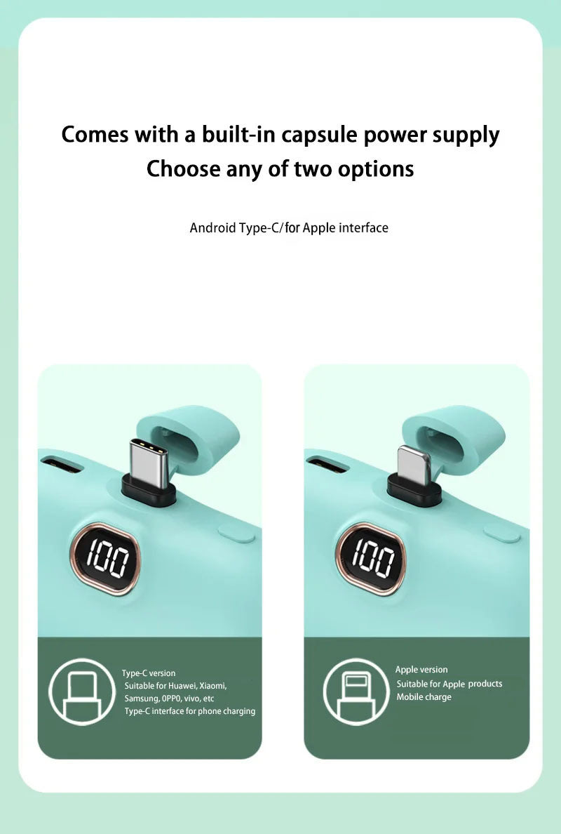 Mini Power Bank with Built-in Cable — 5000mAh, PD 20W Fast Charge