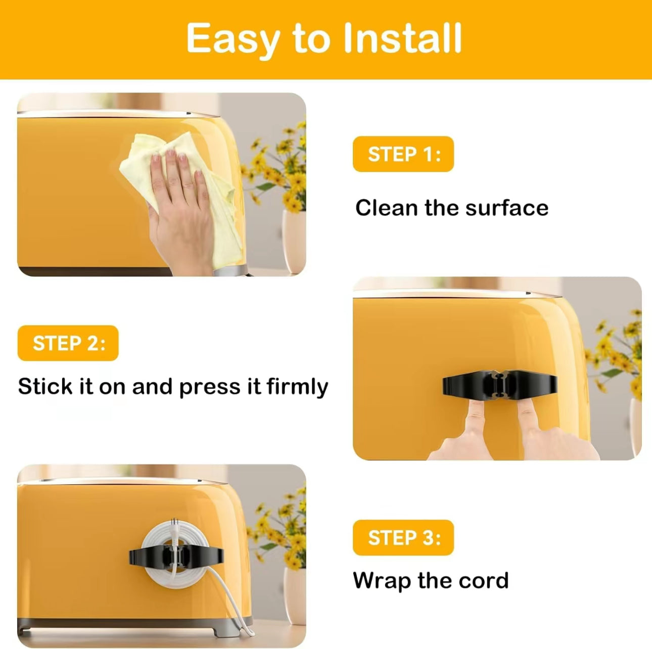 TidyWrap 6-Pack Rubber Cord Organizer | 3M Adhesive Cord Holder for Kitchen, Office & Bathroom