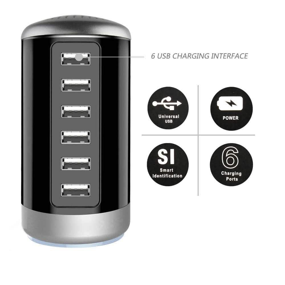6-Port 30W USB Charging Tower — Smart Charge for Phones & Tablets