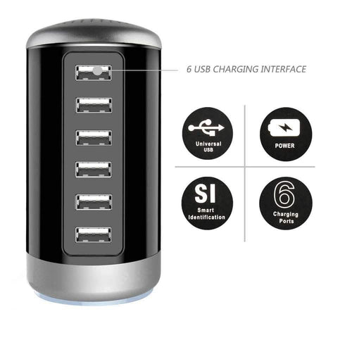6-Port 30W USB Charging Tower — Smart Charge for Phones & Tablets