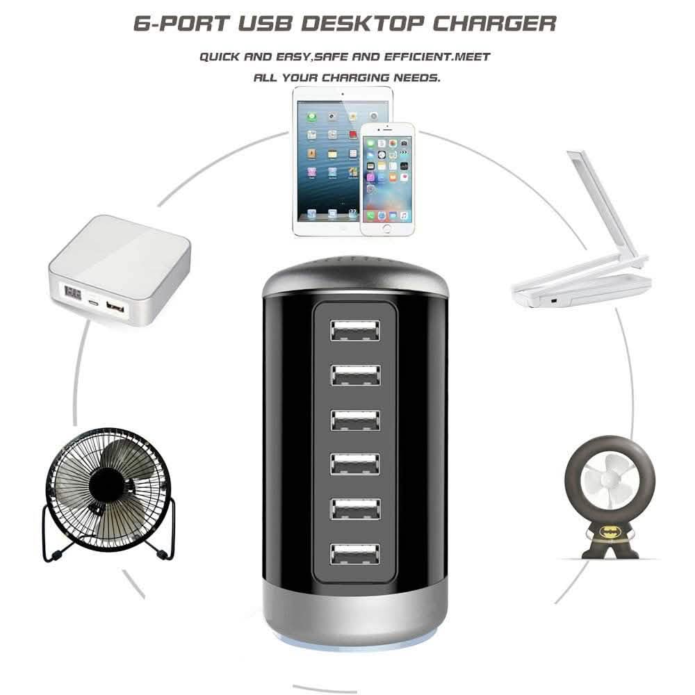 6-Port 30W USB Charging Tower — Smart Charge for Phones & Tablets