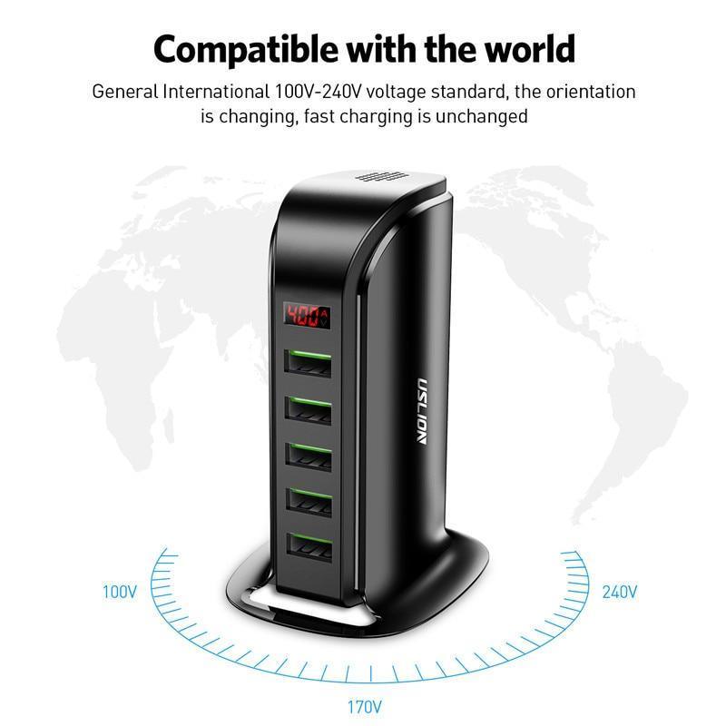 5-Port 20W USB Charging Station — LED Display, Home & Car Adapter