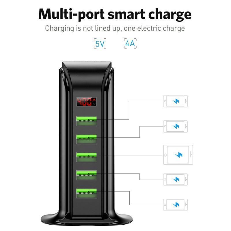 5-Port 20W USB Charging Station — LED Display, Home & Car Adapter