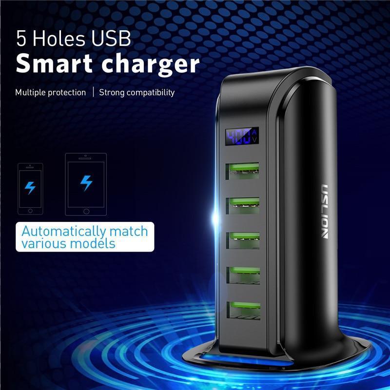 5-Port 20W USB Charging Station — LED Display, Home & Car Adapter