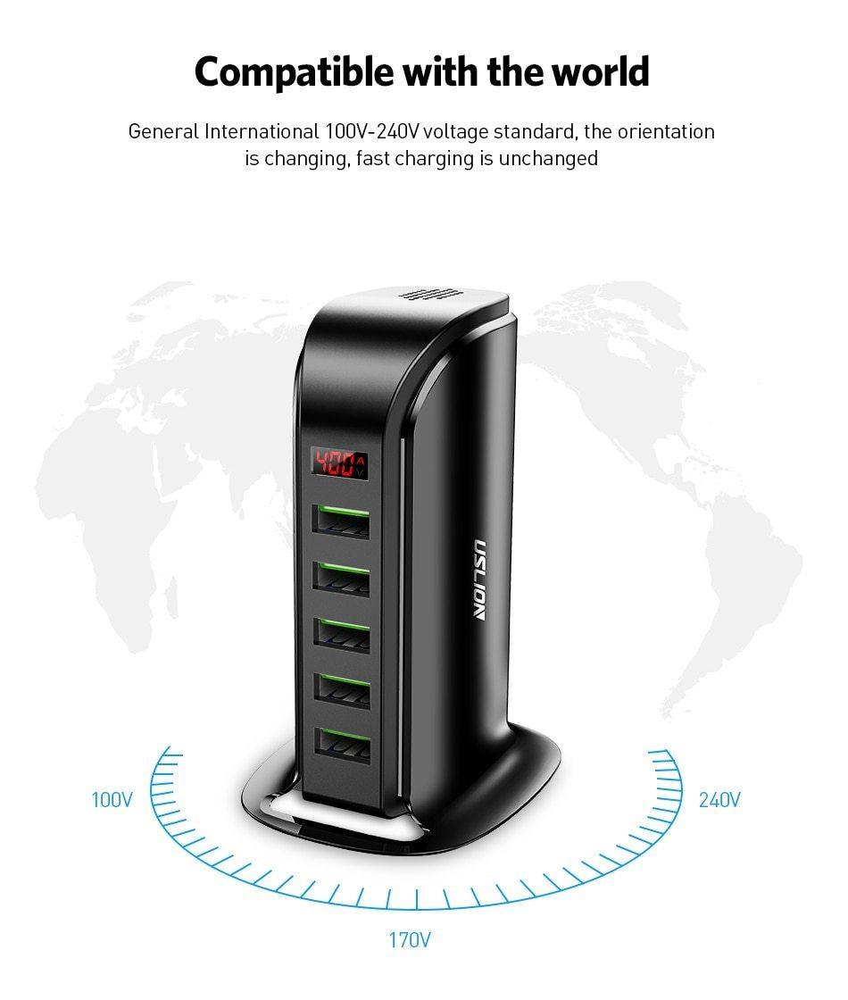 5-Port 20W USB Charging Station — LED Display, Home & Car Adapter