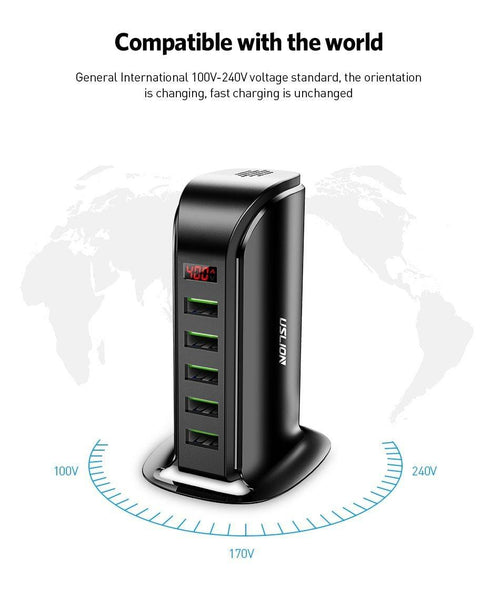 5-Port 20W USB Charging Station — LED Display, Home & Car Adapter