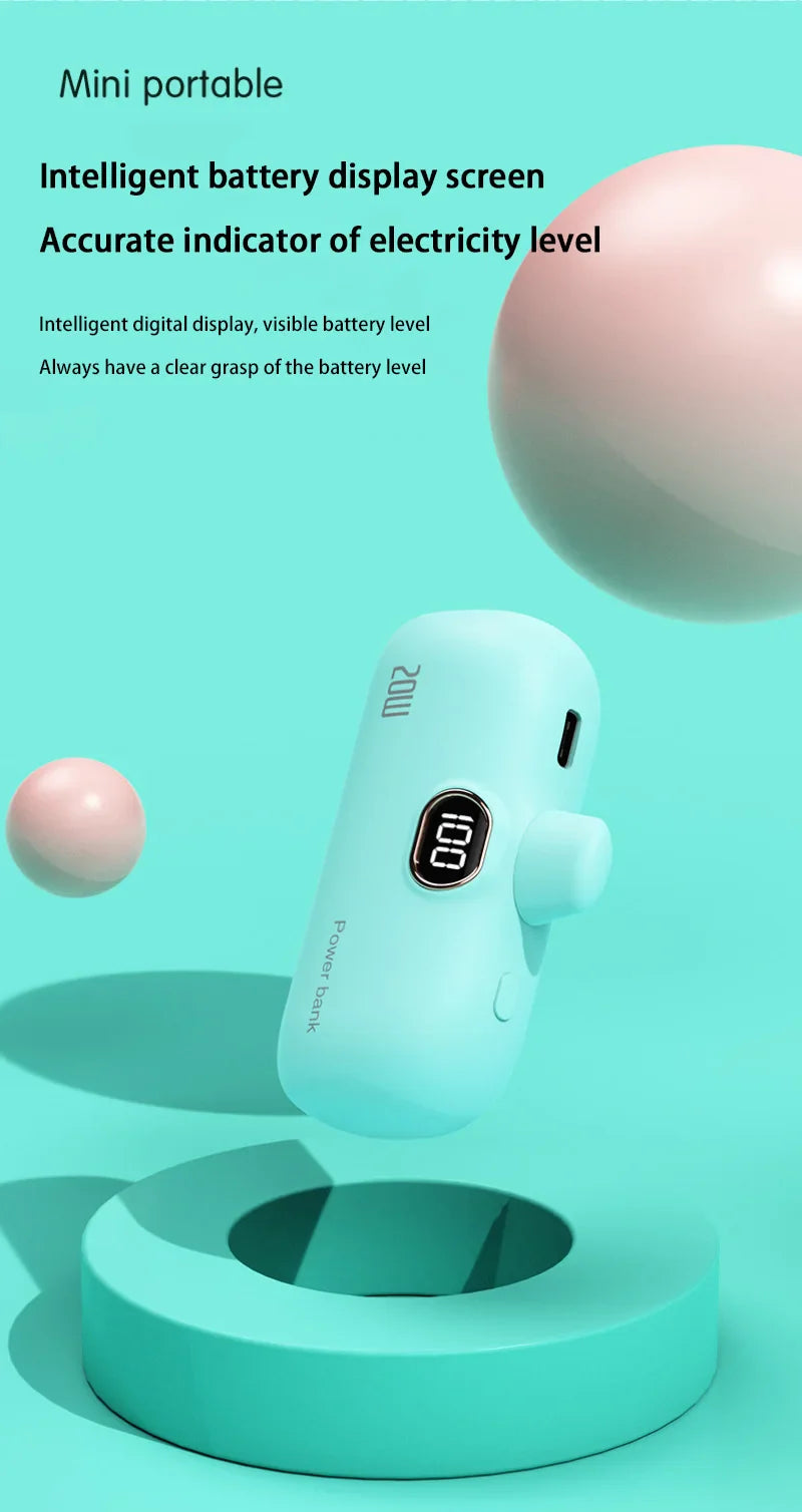 Mini Power Bank with Built-in Cable — 5000mAh, PD 20W Fast Charge