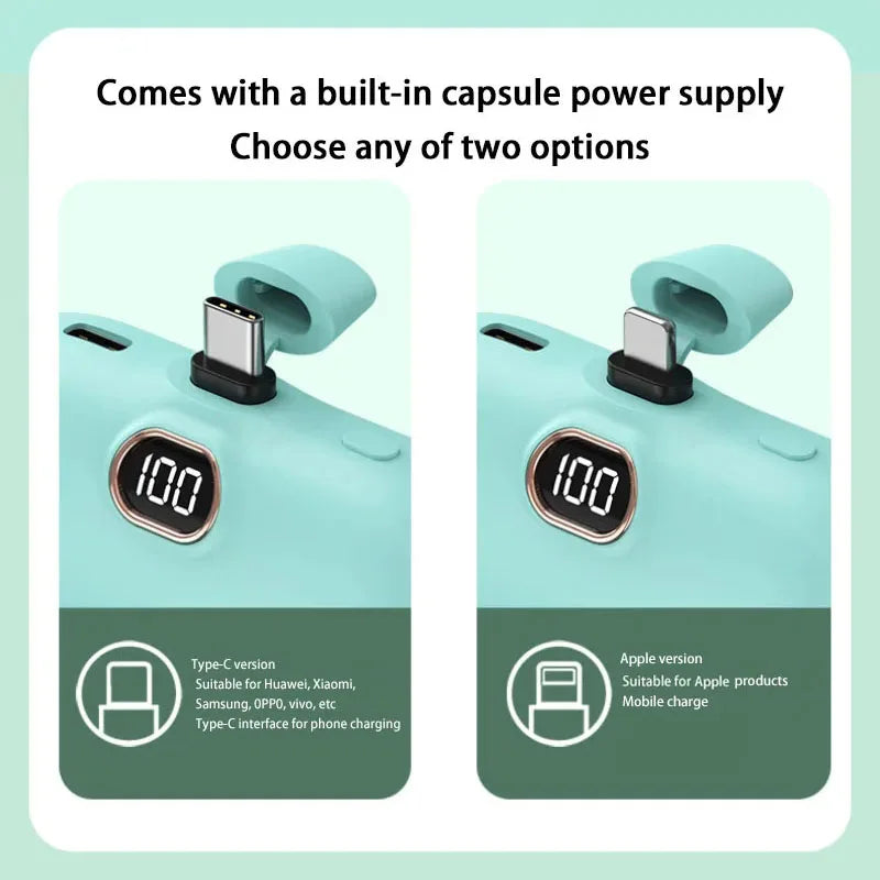 Mini Power Bank with Built-in Cable — 5000mAh, PD 20W Fast Charge