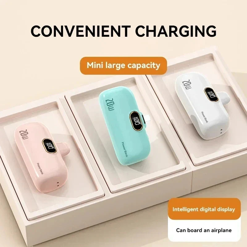 Mini Power Bank with Built-in Cable — 5000mAh, PD 20W Fast Charge