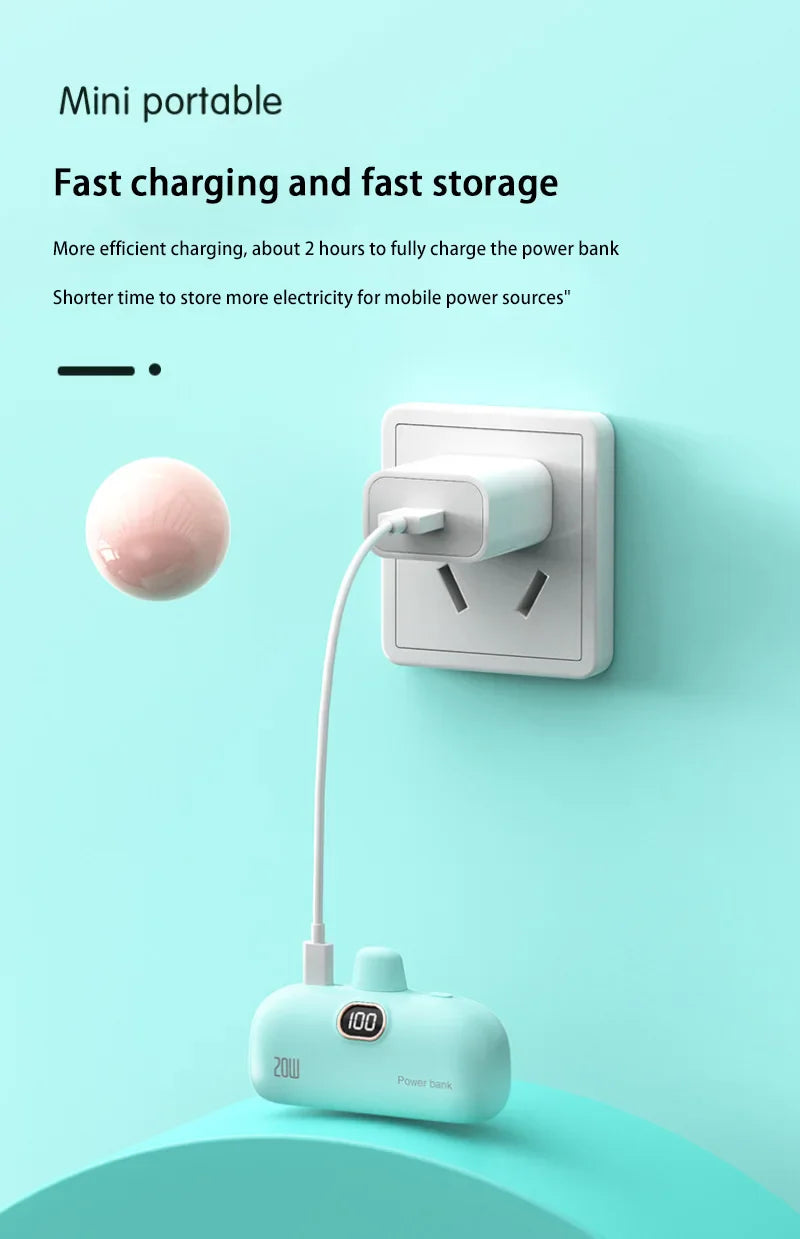 Mini Power Bank with Built-in Cable — 5000mAh, PD 20W Fast Charge