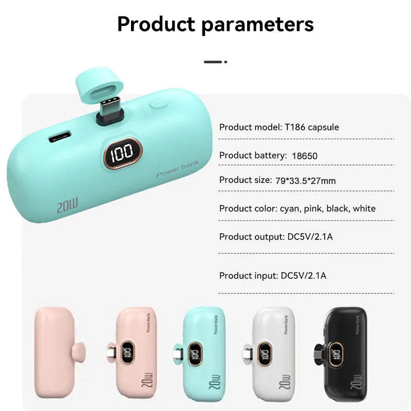 Mini Power Bank with Built-in Cable — 5000mAh, PD 20W Fast Charge