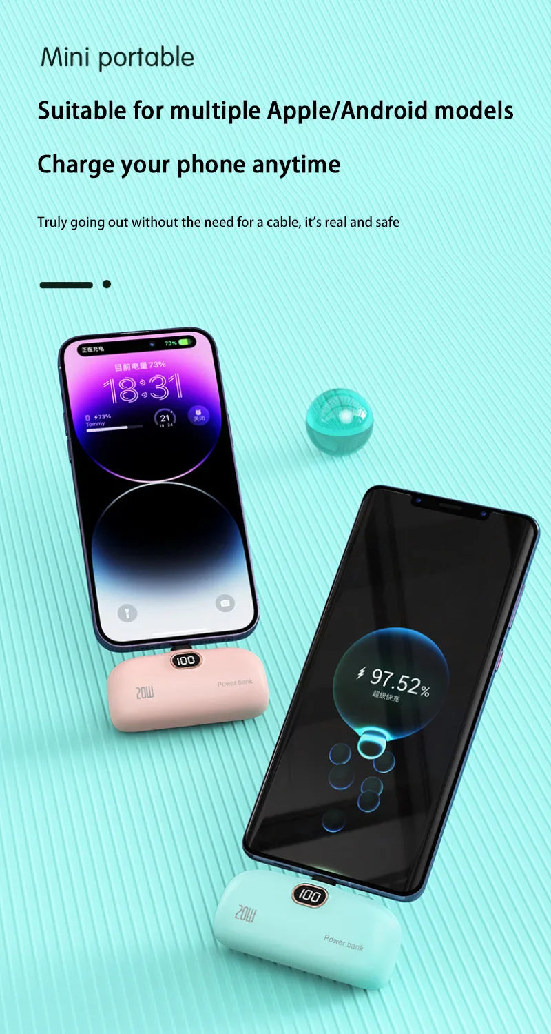 Mini Power Bank with Built-in Cable — 5000mAh, PD 20W Fast Charge
