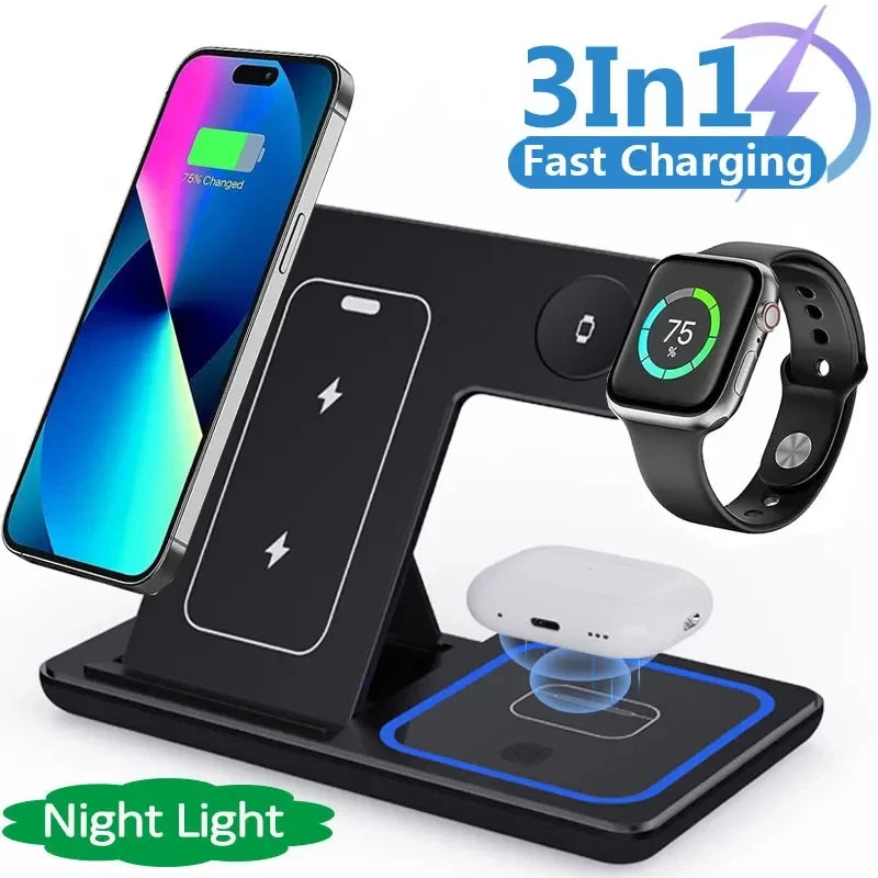 3-in-1 Foldable Wireless Charging Station — 15W Fast Charge for iPhone, Watch & AirPods