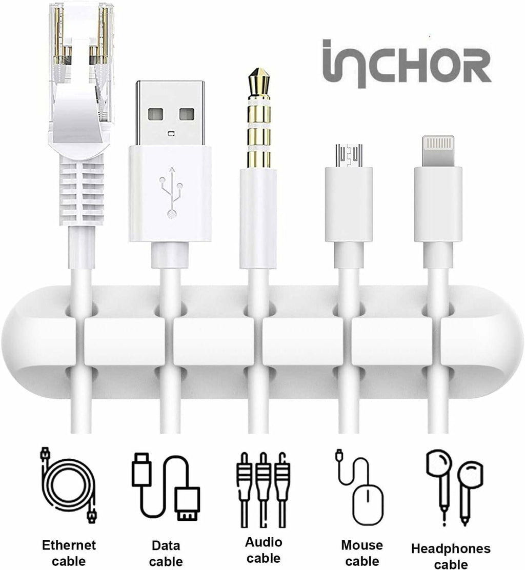 INCHOR Silicone Cable Clips 3-Pack | White Adhesive Cord Organizer (3, 5 & 7 Slots)