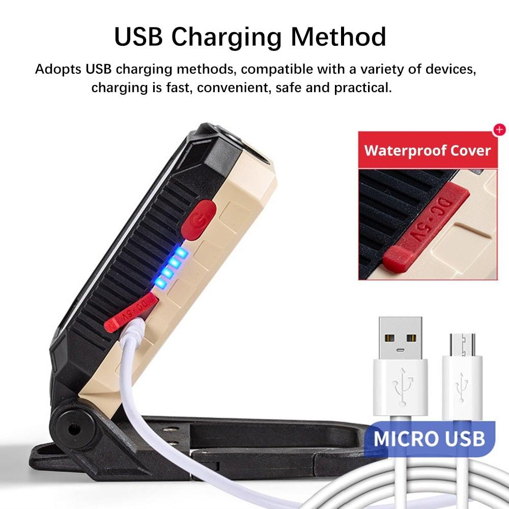 Rechargeable LED Work Light & Flashlight — 10,000mAh, Solar + USB, Waterproof