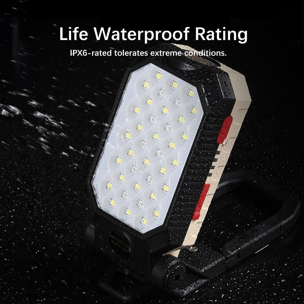 Rechargeable LED Work Light & Flashlight — 10,000mAh, Solar + USB, Waterproof